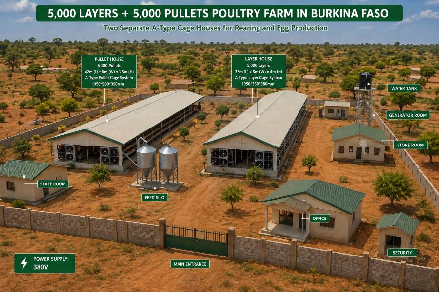 Burkina Faso poultry farm layout for 5,000 layers and 5,000 pullets with separate A-type cage houses