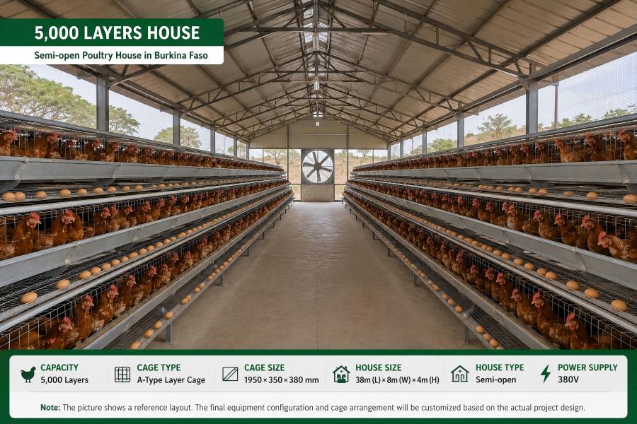 5,000-layer A-type cage house in Burkina Faso with a semi-open poultry house design