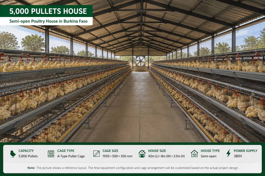 5,000-pullet A-type cage house in Burkina Faso with a semi-open poultry house design