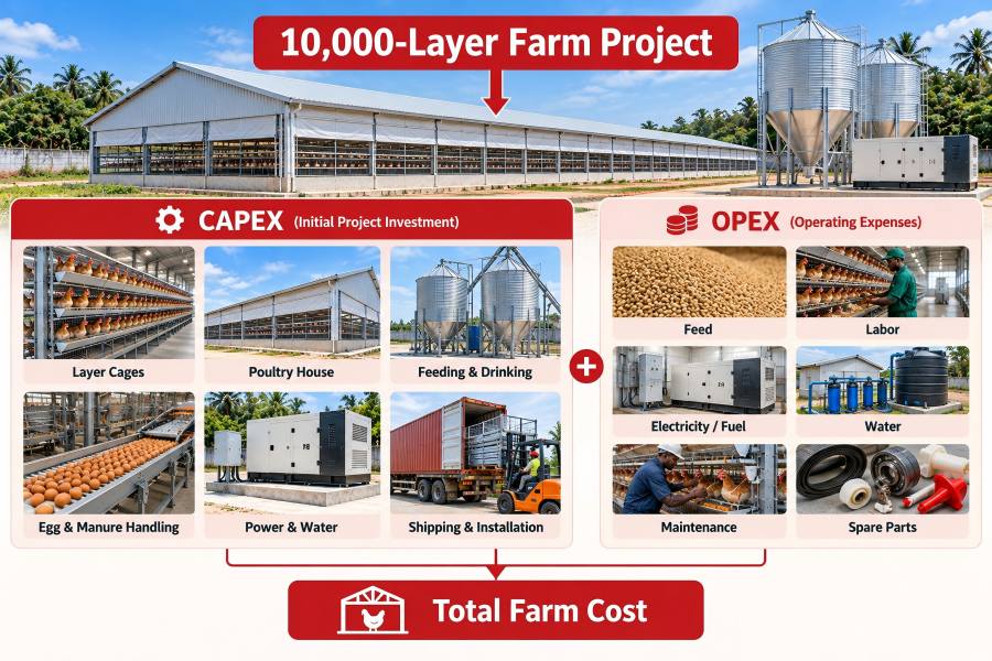 10,000 layer farm project cost structure in Nigeria including cages house power logistics and operating costs