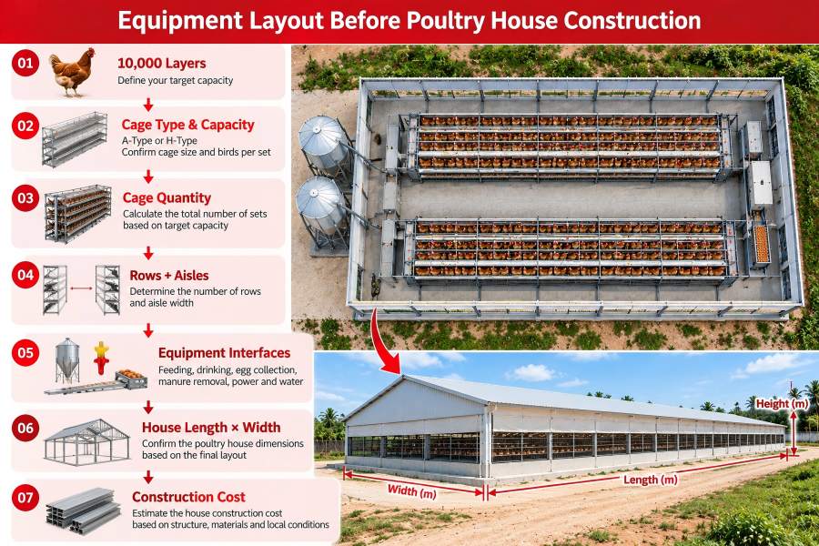 10,000 layer poultry house planning in Nigeria based on cage layout and equipment requirements