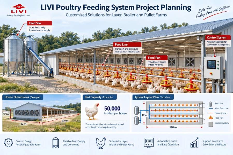 LIVI poultry feeding system planning based on flock capacity house dimensions and farm layout