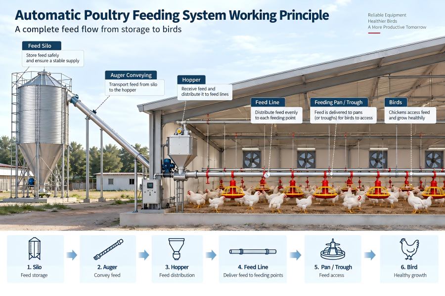 automatic poultry feeding system working principle from feed silo to feeding pan