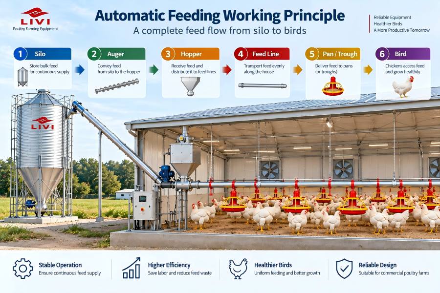 automatic poultry feeding system working principle from feed silo and auger to hopper feed line and birds