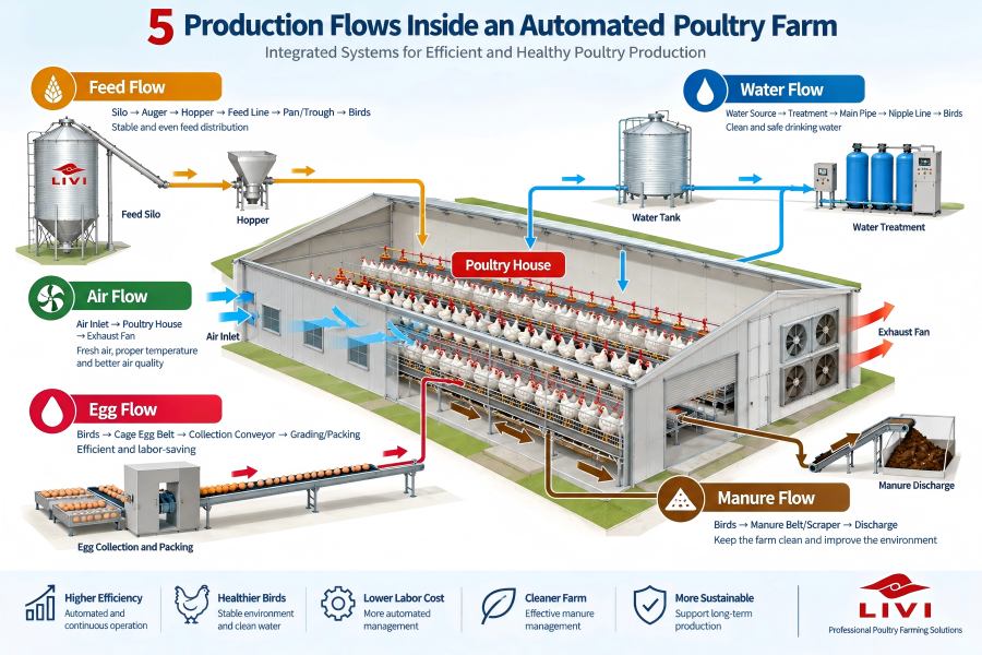 Commercial poultry farm equipment diagram showing feed, water, egg, manure and airflow through the poultry house