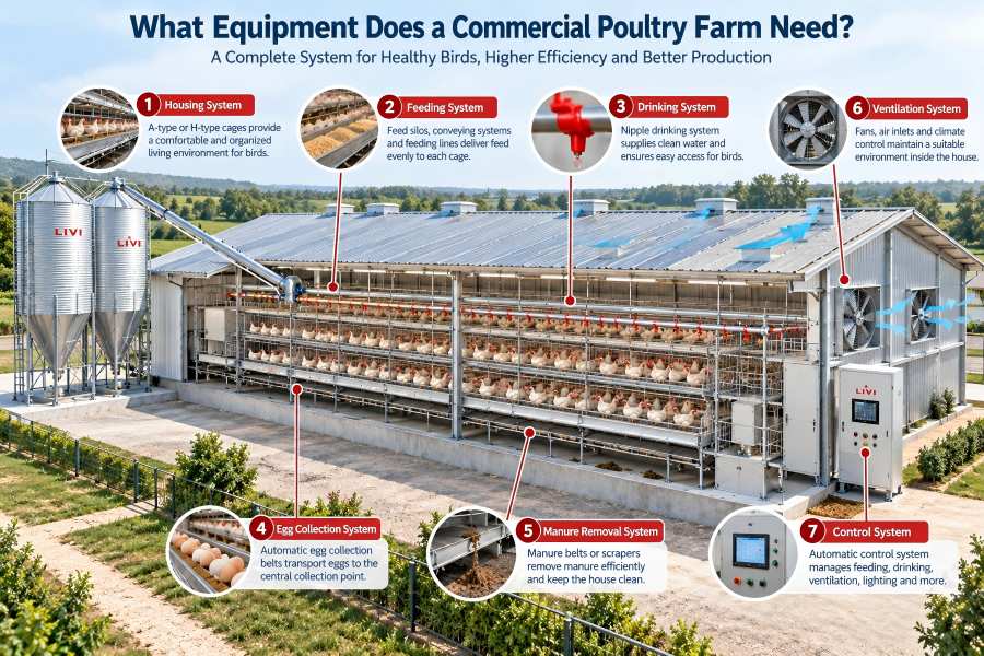 commercial poultry farm equipment including feeding drinking manure egg collection ventilation and control systems