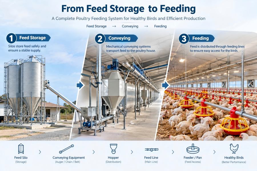 commercial poultry feeding system from feed storage to automatic feeding lines