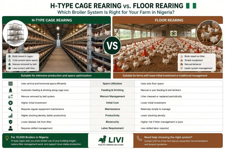 Comparison of H-Type cage rearing and floor rearing for poultry farming projects