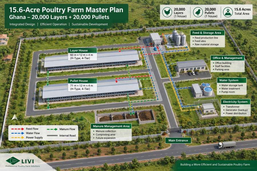 15.6 acre Ghana poultry farm infrastructure plan with layer pullet storage water power and manure zones