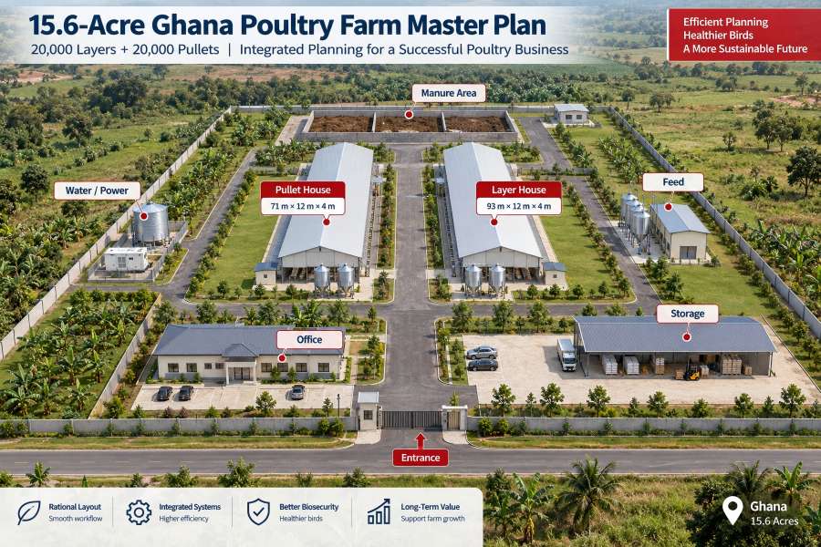 15.6-acre poultry farm master plan in Ghana for 20,000 layers and 20,000 pullets