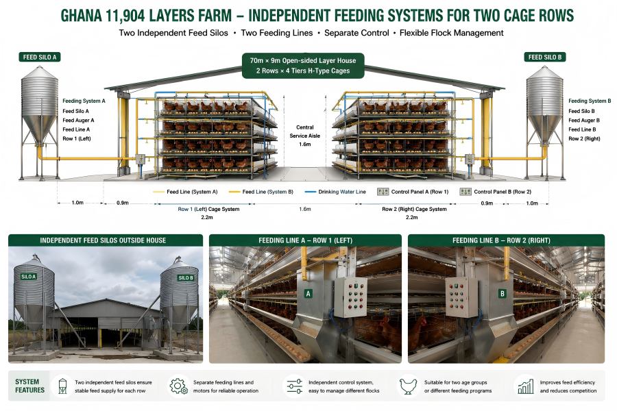 independent automatic feeding systems for two layer cage rows in Ghana