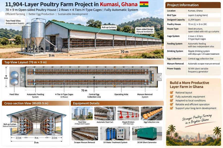 Kumasi Ghana 11,904-layer poultry farm layout with 2 rows of 4-tier H-type layer cages