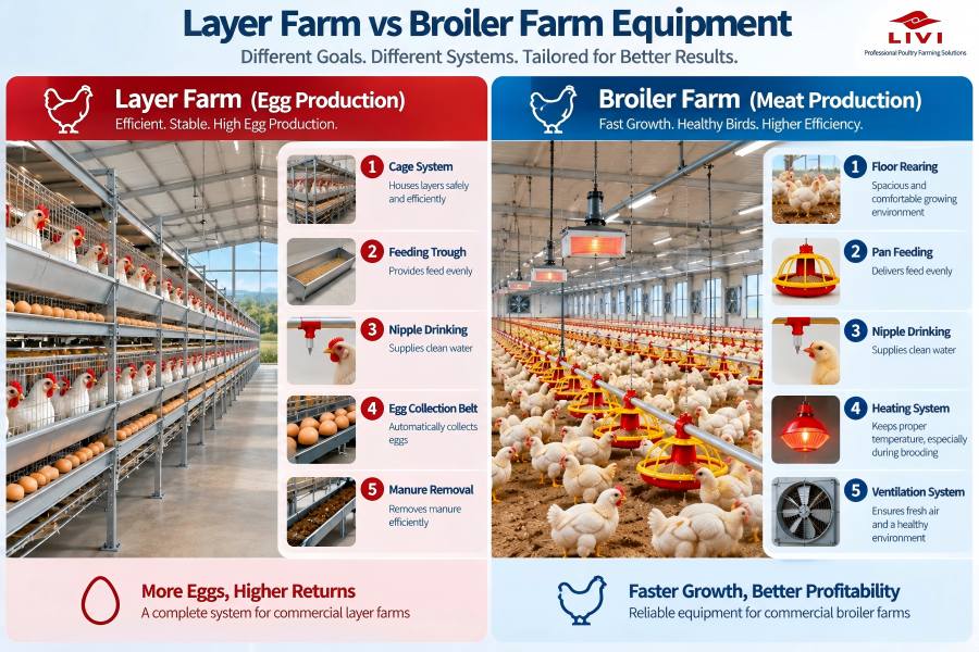 Layer farm vs broiler farm equipment for commercial poultry farming