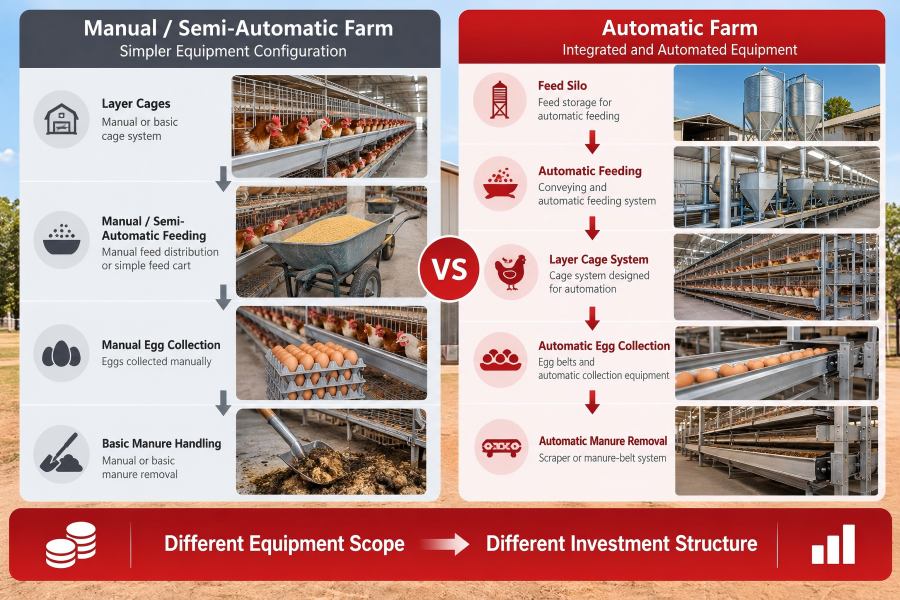 Manual vs automatic poultry farm equipment cost comparison for commercial layer farms