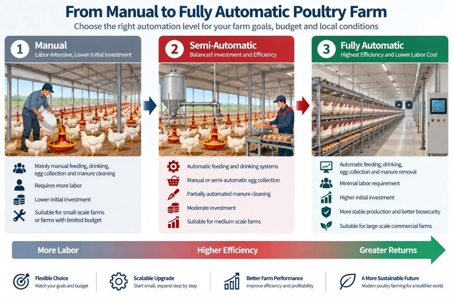 Comparison of manual, semi-automatic and fully automatic poultry farming equipment