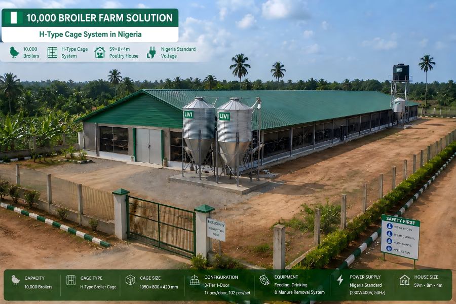 10,000-broiler H-type cage farm in Nigeria with a 59 × 8 × 4 m poultry house