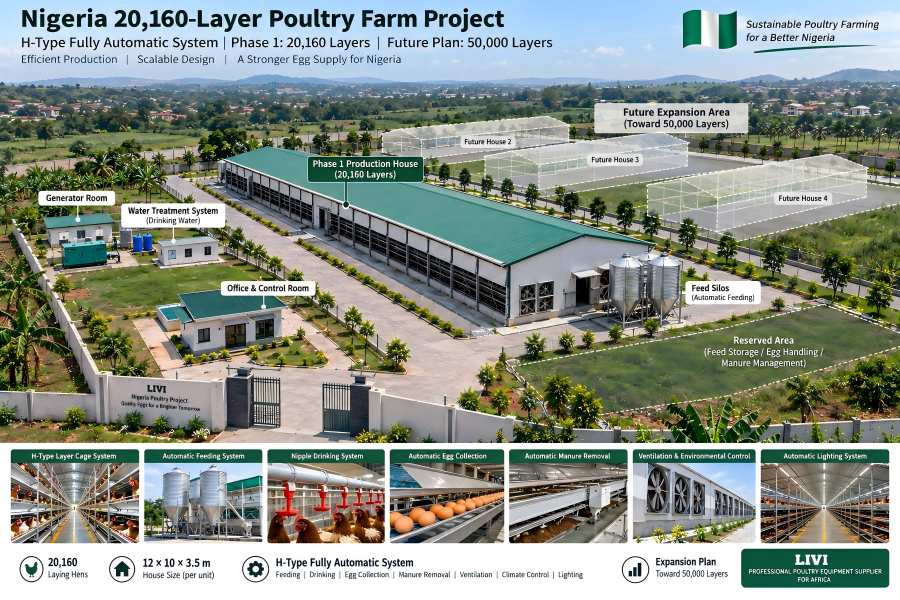 Nigeria 20,160-layer poultry farm with H-type cage system and future expansion planning