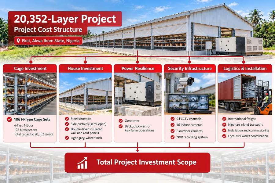 Nigeria 20,352 layer farm cost structure for cages poultry house power and security