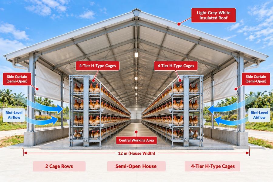 113 × 12 m Nigeria layer house cross-section with two rows of H-type layer cages
