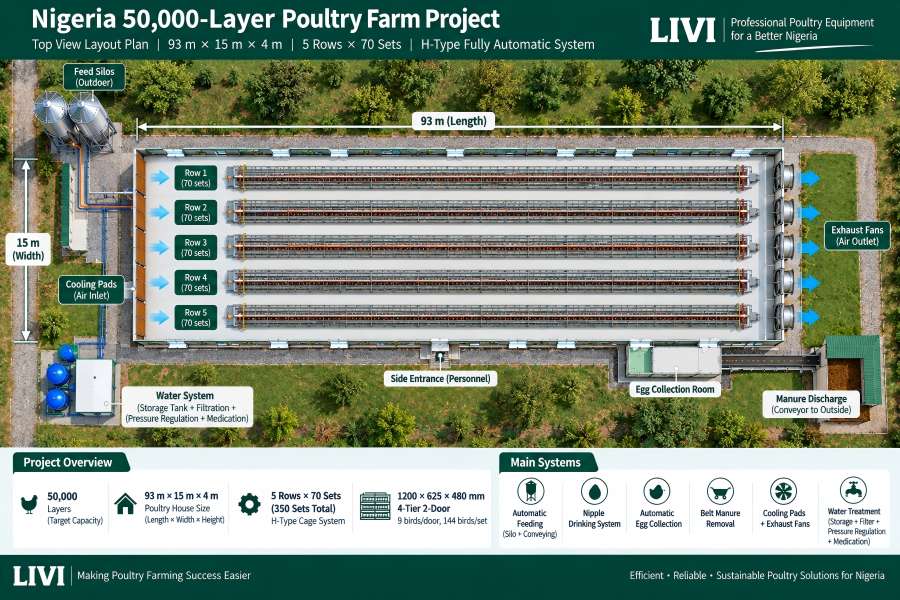 Nigeria 50,000-layer farm layout with five rows of H-type layer cages in a 93 by 15 m poultry house