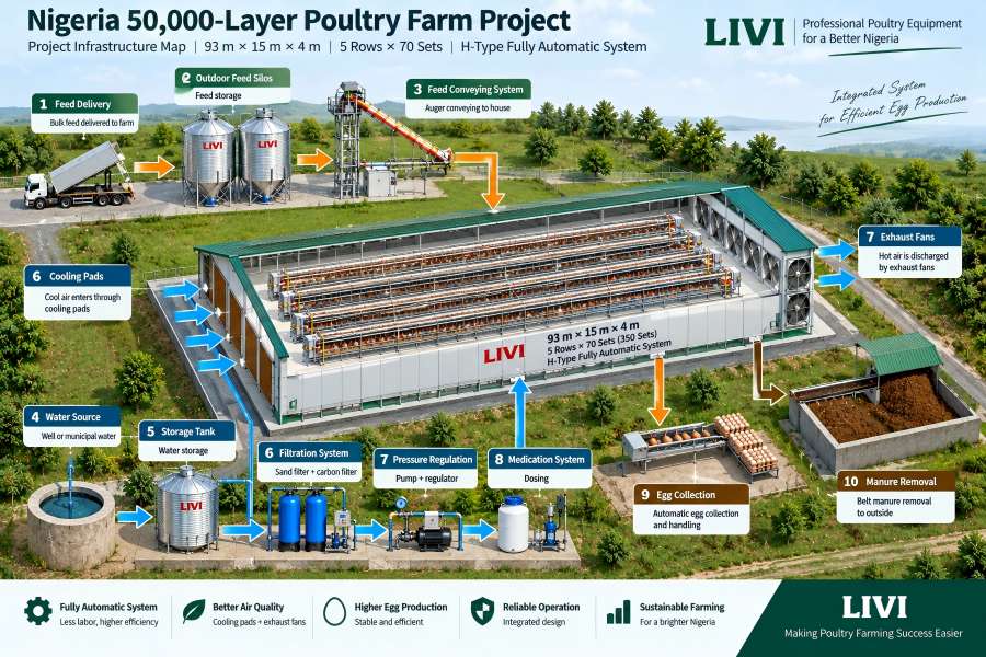 infrastructure plan for a 50,000-layer commercial poultry farm in Nigeria