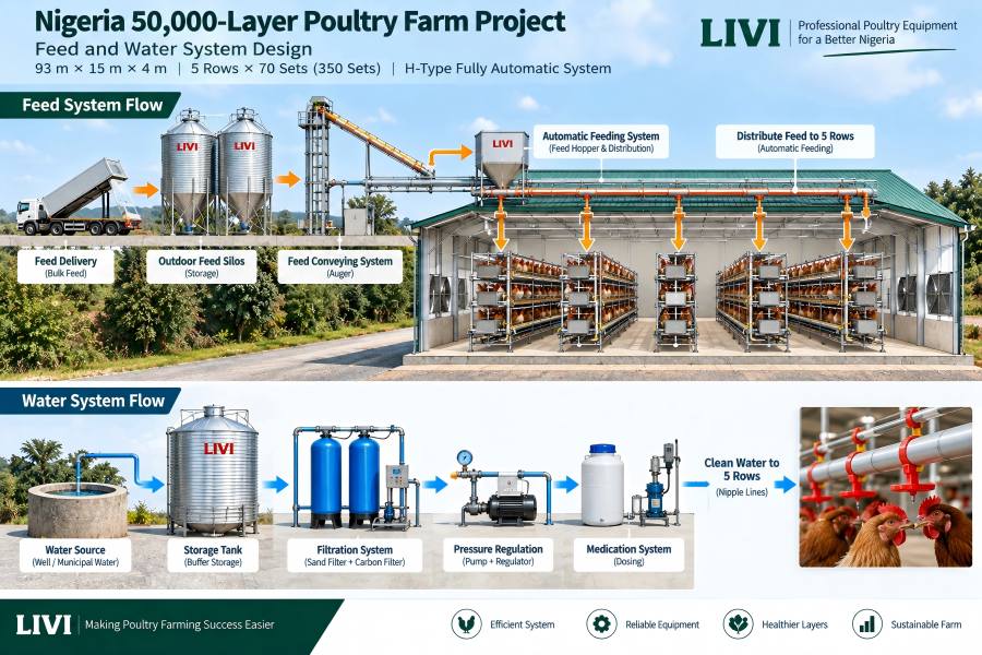 feed silo and nipple drinking water system design for a 50,000-layer poultry farm in Nigeria