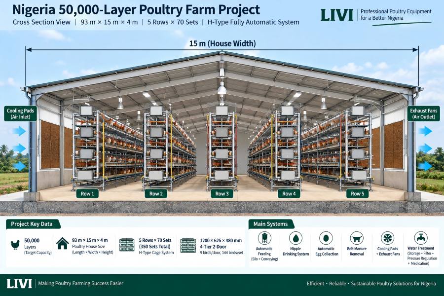 cross section of a 15 m wide H-type layer cage house for a 50,000-layer farm in Nigeria