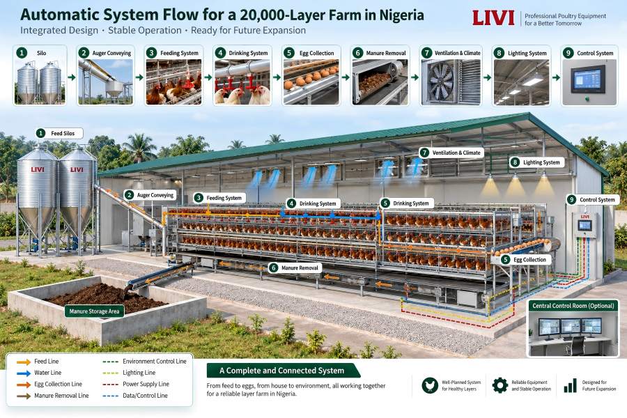 H-type automatic poultry equipment system for a commercial layer farm in Nigeria