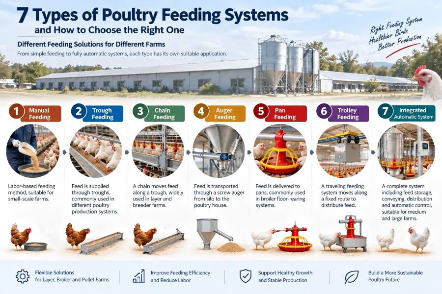 seven types of poultry feeding systems including manual trough chain auger and pan feeding