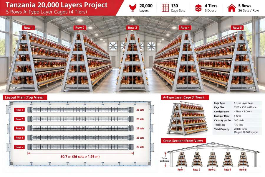 Tanzania 20,000 layer farm layout with 5 rows of 4-tier A-type layer cages