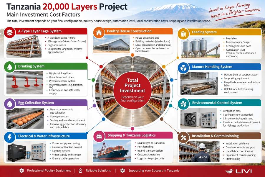 Tanzania 20,000 layer farm investment cost factors including poultry house, A-type cages, equipment and logistics