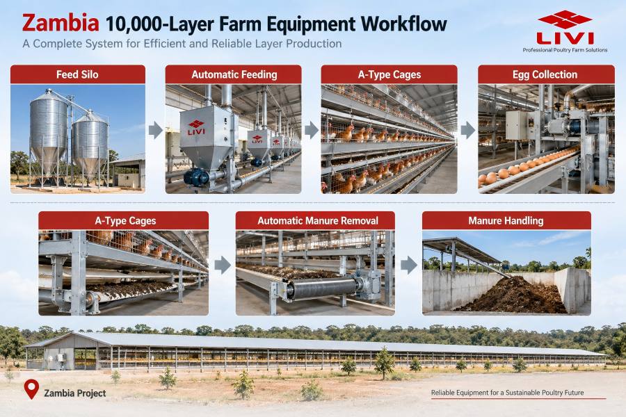 Automatic poultry equipment workflow for 10000 layer farm in Zambia
