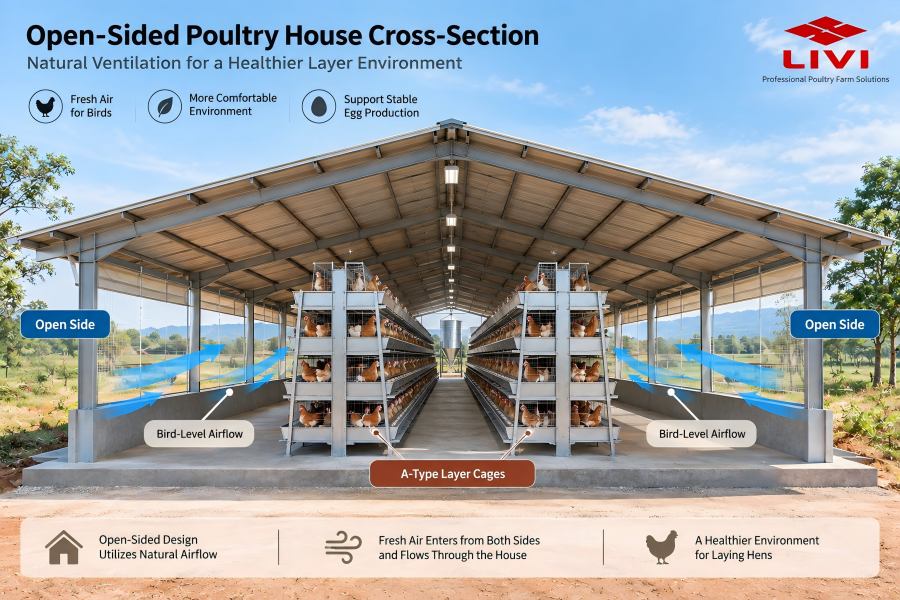 Open-sided poultry house ventilation and A type cage layout for Zambia layer farm