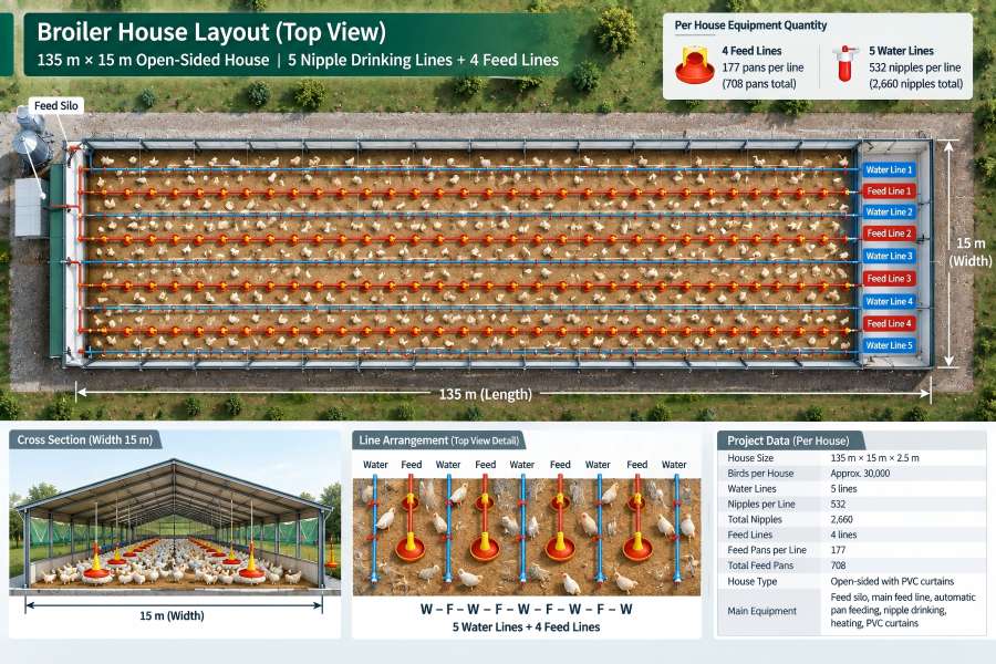 broiler house feeding line layout with automatic pan feeders and nipple drinking lines