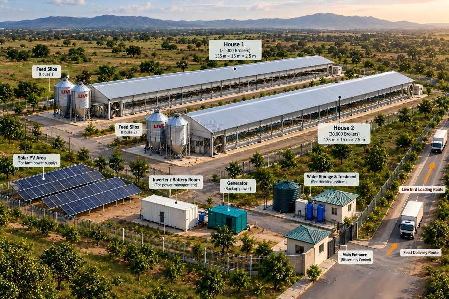 60,000-broiler farm in Zimbabwe with two 135 by 15 m open-sided poultry houses