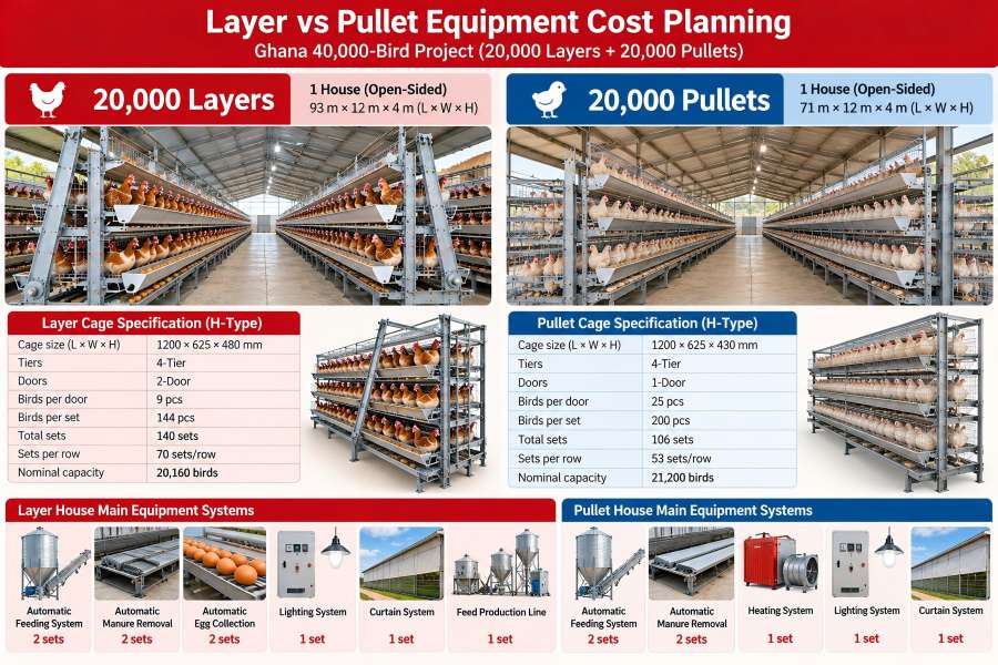 Ghana 40000 bird poultry farm layer and pullet H type cage equipment cost comparison