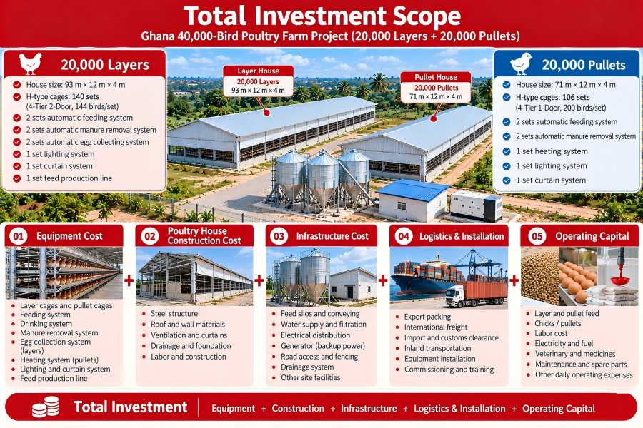 Ghana 40000 bird poultry farm total investment cost breakdown for layers and pullets
