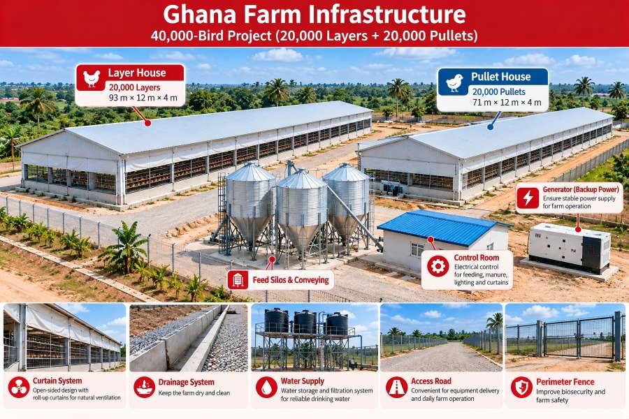 Ghana 20000 layer and 20000 pullet open sided poultry houses construction and infrastructure