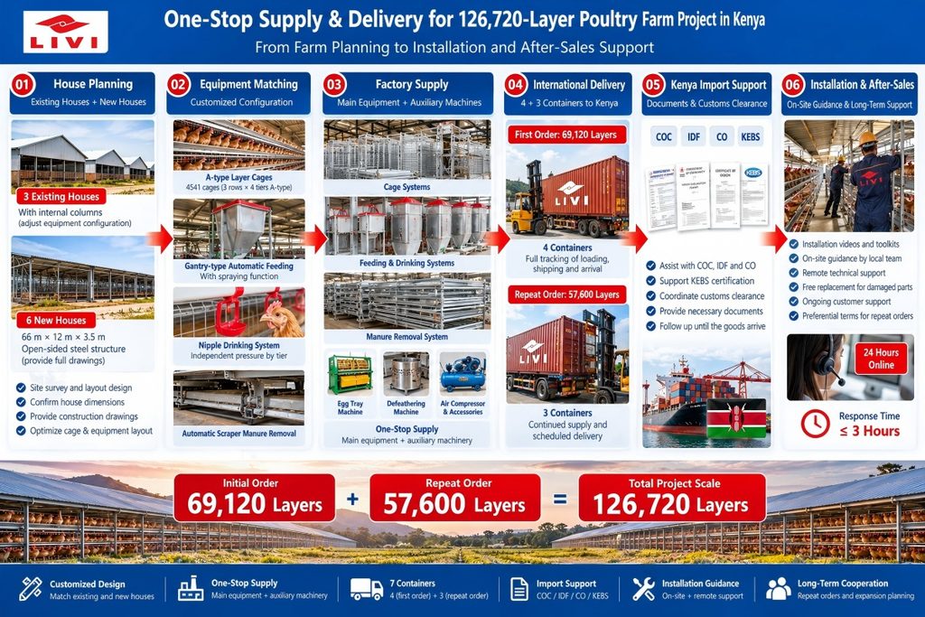 One-stop poultry equipment supply and shipping process for the 126720-layer farm project in Kenya