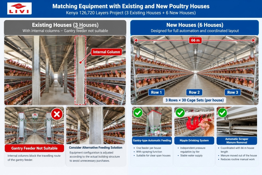 Comparison of existing column-obstructed poultry houses and new A-type layer cage house layouts in Kenya