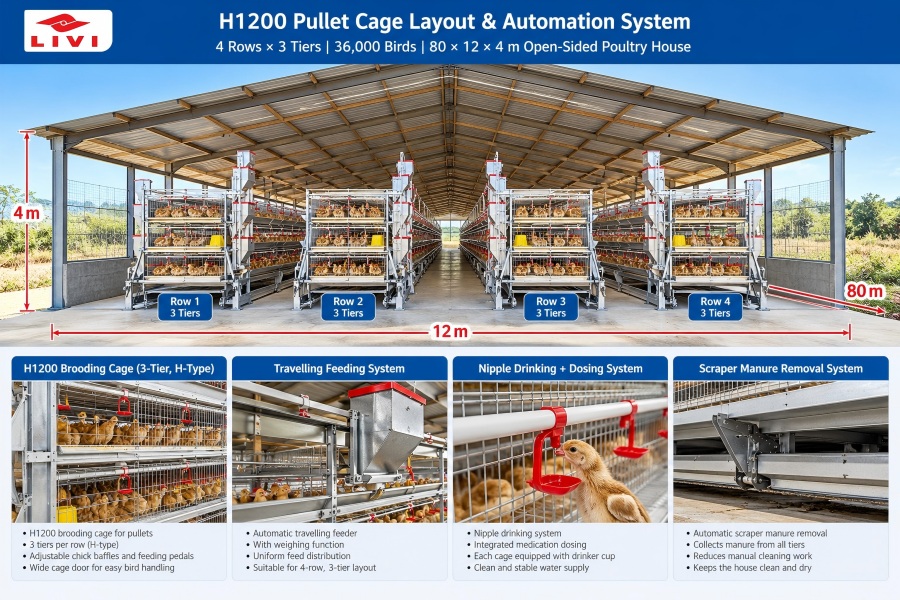 Four row three tier H1200 pullet cage layout with automatic feeding drinking and flat-belt manure removal in Zambia